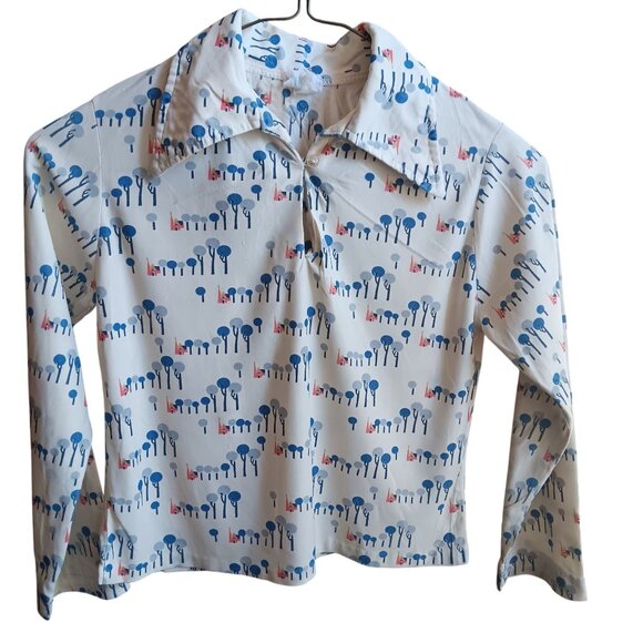 Girls 8/10 Vintage 1970s Disco Print Shirt Whimsical Tree House Boho Print - Picture 1 of 6